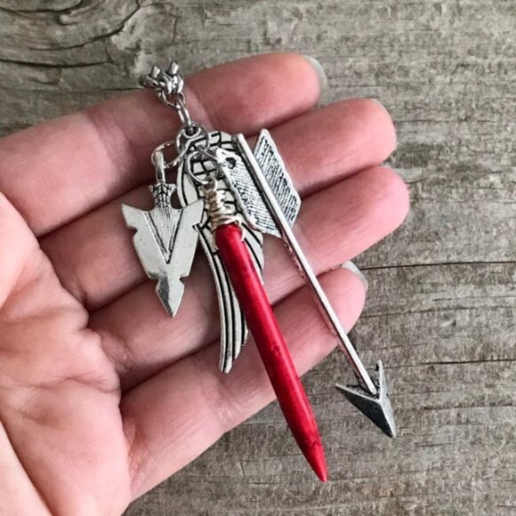 Red Spike Silvertone Charm Necklace - 24 Inch Chain - Picture 2 of 6